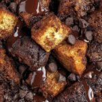 A warm dish of chocolate protein bread pudding topped with melted sugar-free chocolate chips.