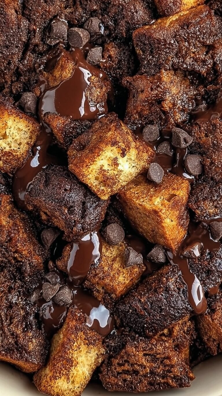 A warm dish of chocolate protein bread pudding topped with melted sugar-free chocolate chips.