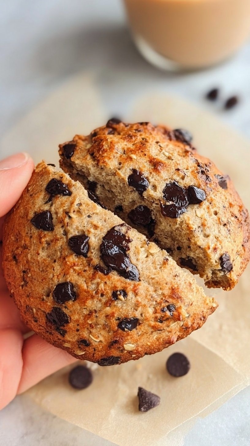 A warm, golden air fryer protein cookie with melted chocolate chips on a cooling rack.