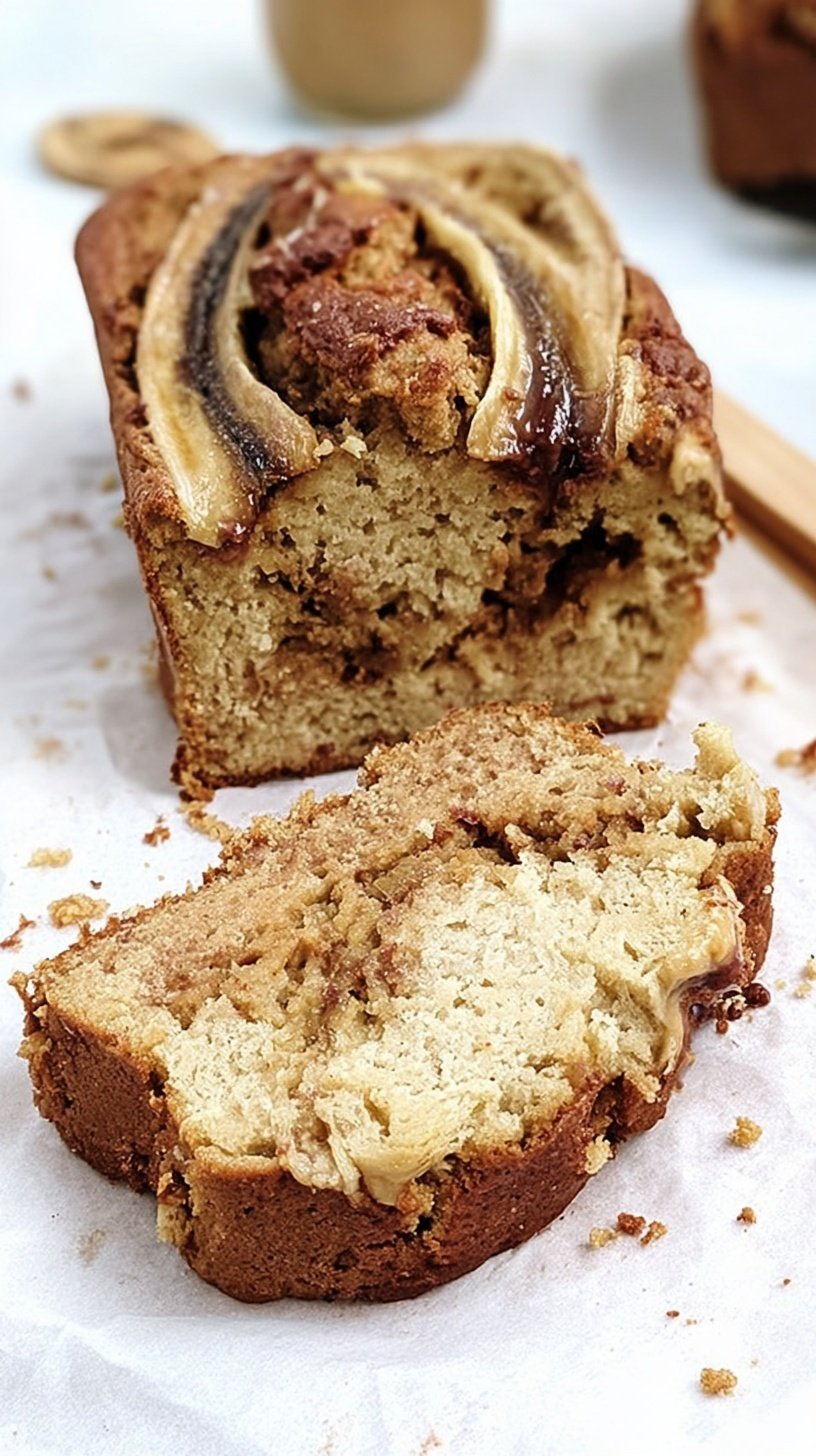 A golden loaf of Healthy Protein Banana Bread with a peanut butter swirl and dark chocolate chips on top.