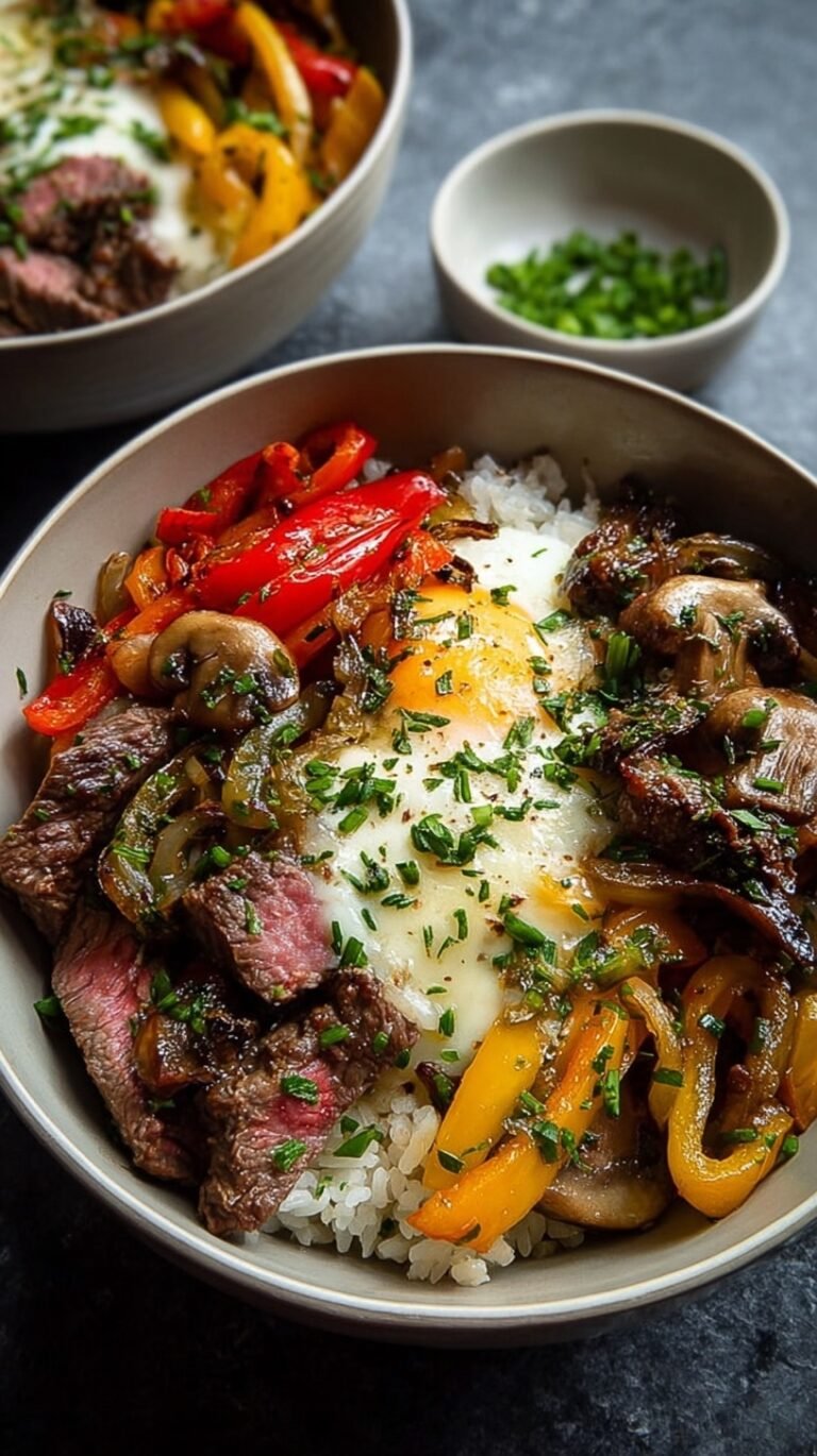 A bowl of thinly sliced ribeye steak with melted provolone cheese and sautéed peppers over cauliflower rice.