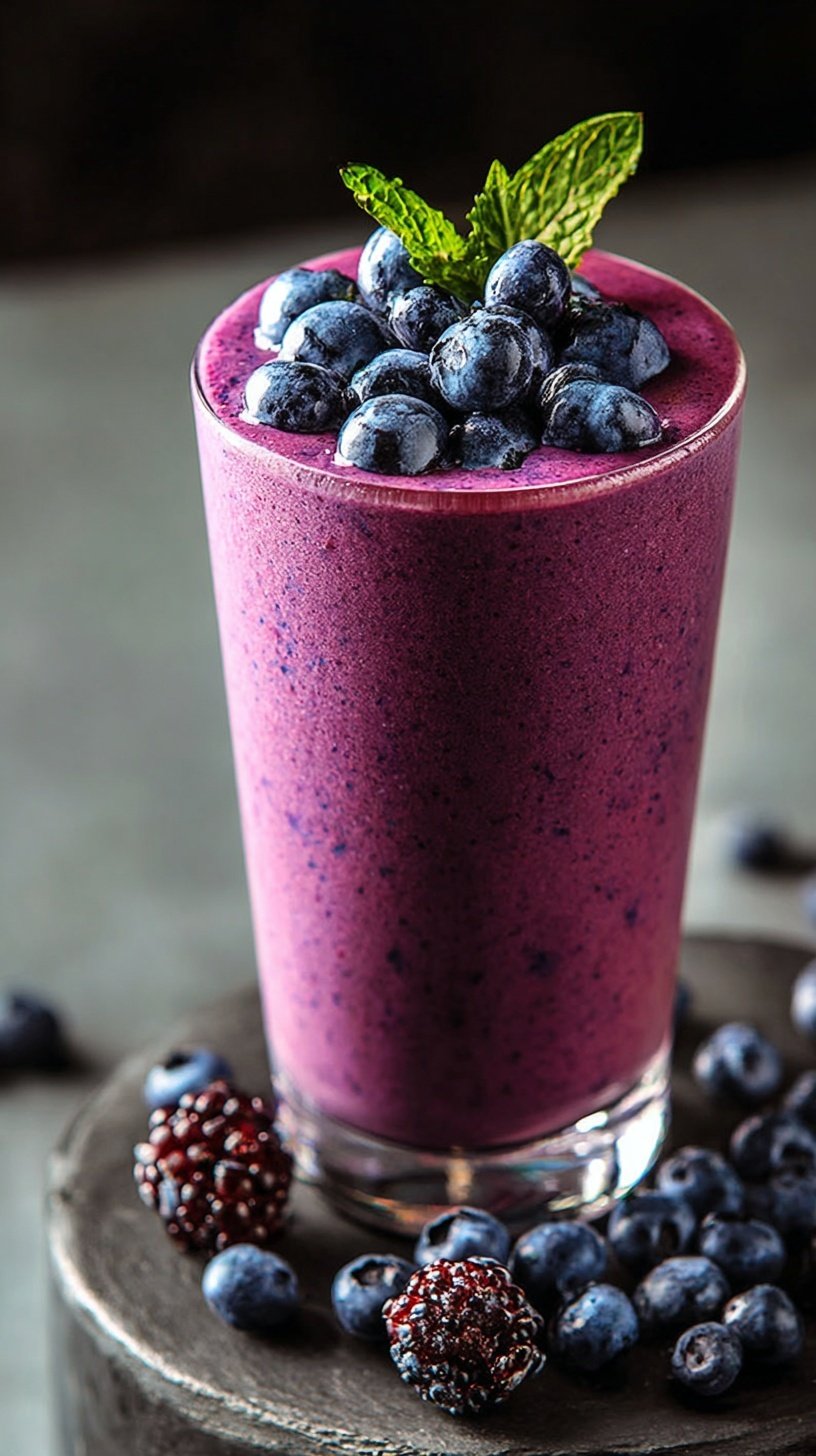 A creamy purple blueberry smoothie in a tall glass with a straw and fresh berries on top.