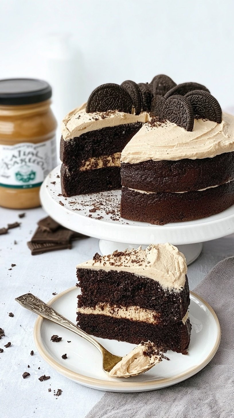 A moist chocolate protein cake with white frosting and crushed chocolate sandwich cookies on top.