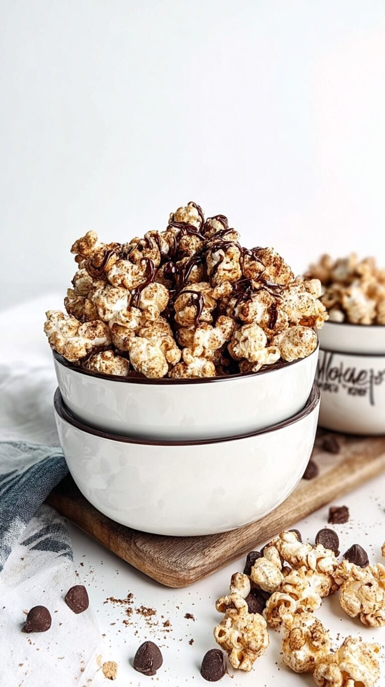 A large bowl of chocolate-coated popcorn topped with cookie crumbles and sea salt