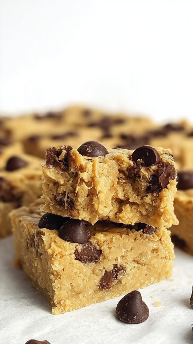 A stack of fudgy chocolate chip blondies made with chickpeas on parchment paper.