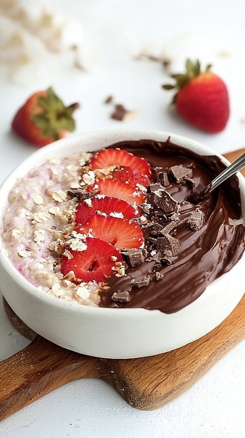 A glass jar filled with chocolate overnight oats topped with fresh diced strawberries and sugar-free chocolate chips.