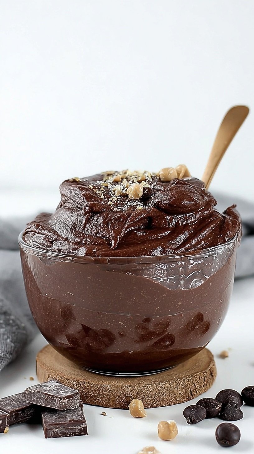 A bowl of thick chocolate edible brownie batter topped with sugar-free chocolate chips and a spoon.