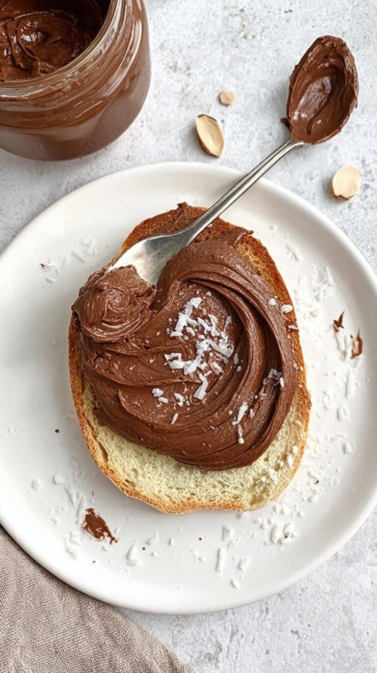 Creamy chocolate protein spread in a small white bowl with fresh strawberries nearby.