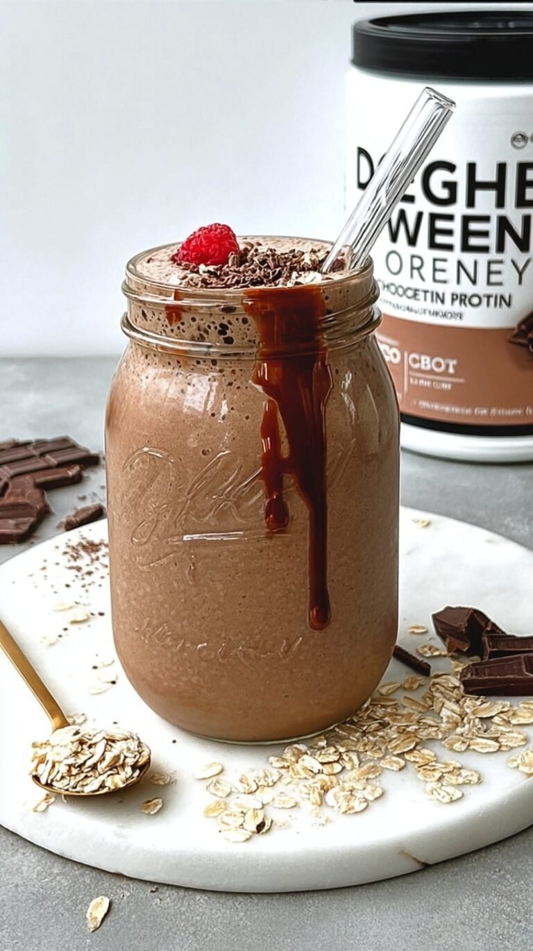 A tall glass of chocolate oatmeal protein smoothie with a dusting of cocoa powder on top.