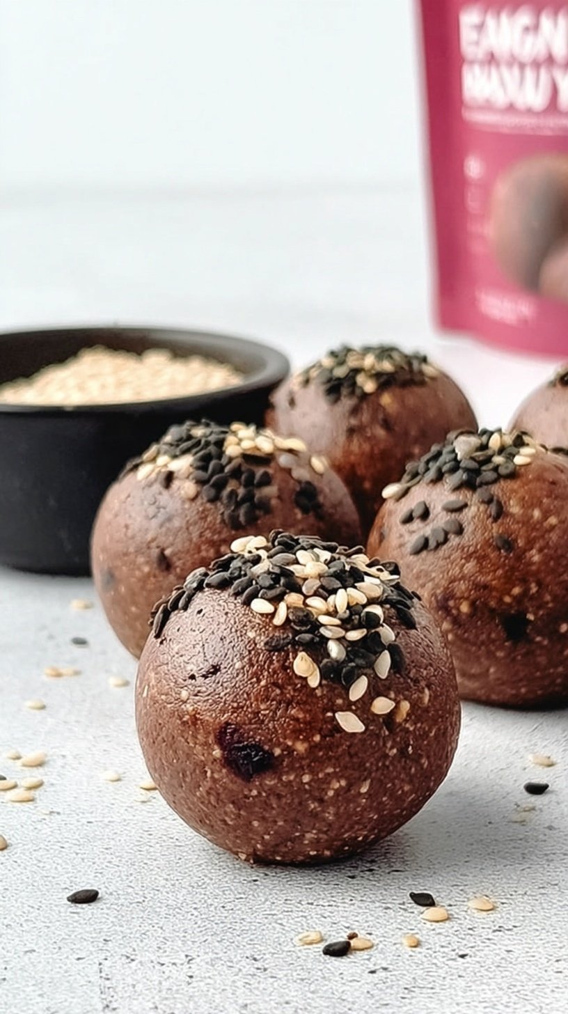Dark chocolate tahini protein balls on a parchment-lined sheet