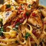 A bowl of creamy pasta with seared chicken, sun-dried tomatoes, and fresh spinach.