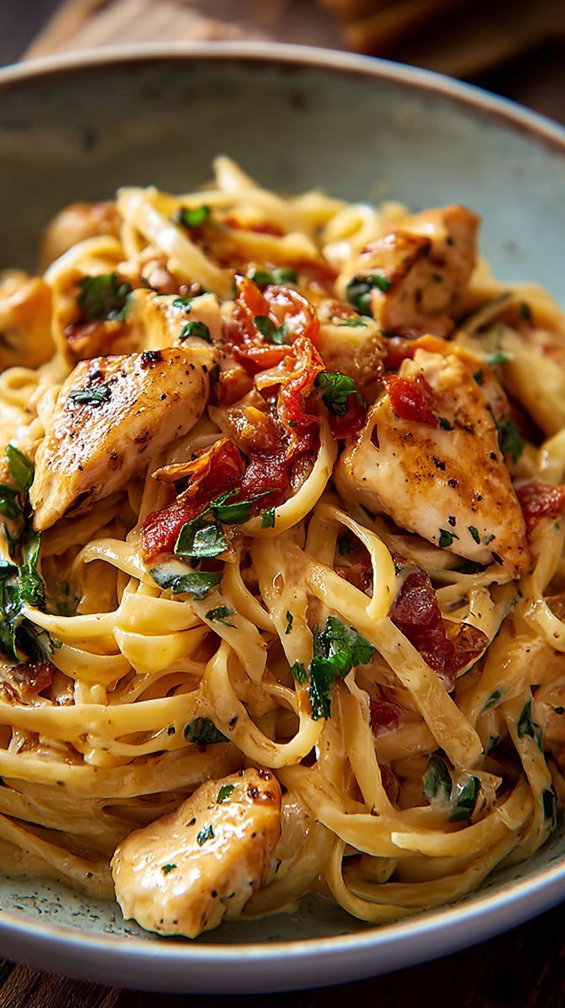 A bowl of creamy pasta with seared chicken, sun-dried tomatoes, and fresh spinach.
