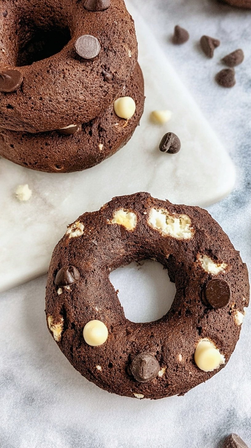 Four freshly baked chocolate whole wheat bagels on a baking sheet with mini chocolate chips