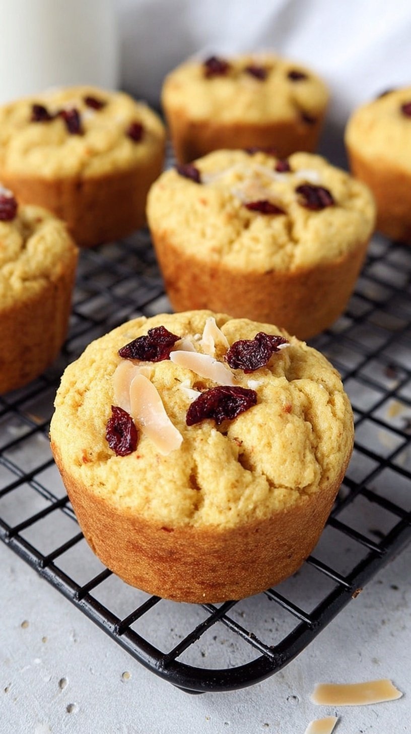 Six golden brown coconut flour protein muffins in silicone liners on a cooling rack.