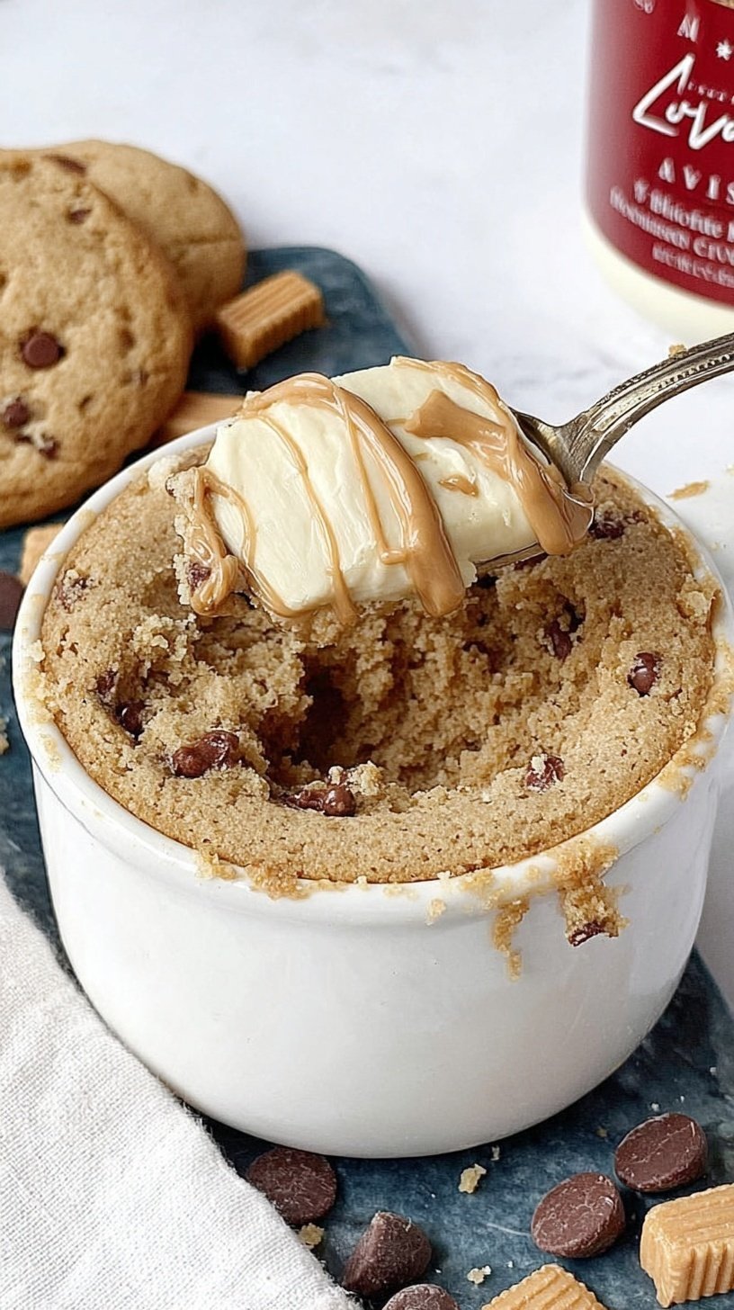 A warm Biscoff cookie butter mug cake topped with crushed cookies in a white mug