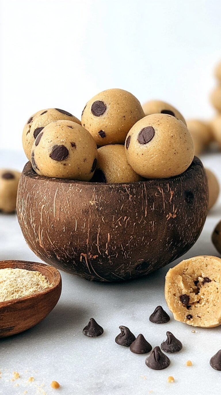 A plate of round cookie dough protein balls with mini chocolate chips