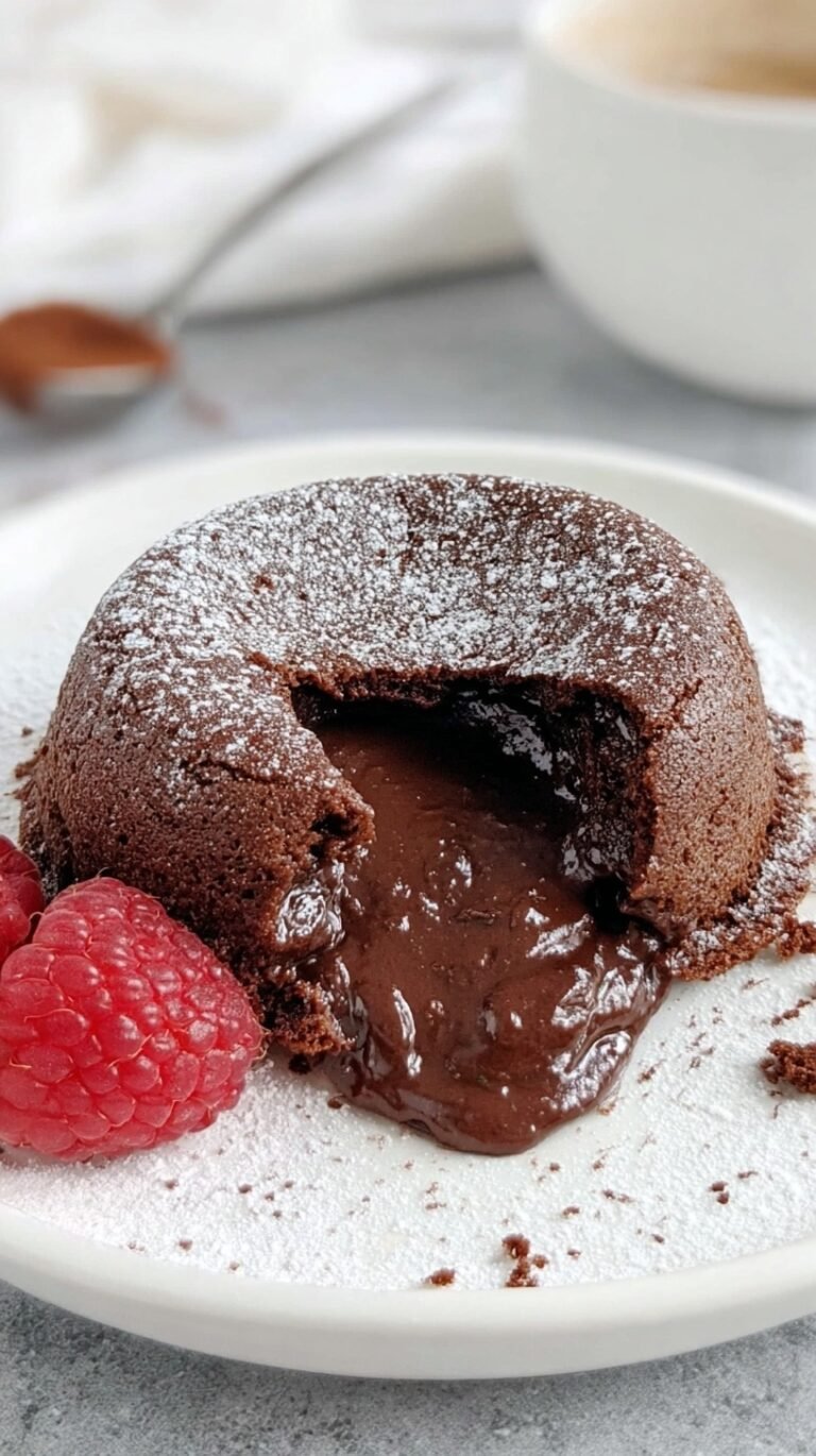 A warm chocolate protein lava cake in a ramekin with a gooey center