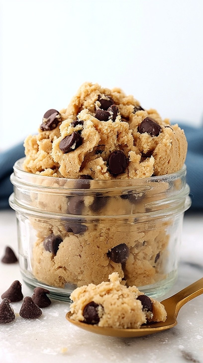 A bowl of smooth protein chickpea cookie dough topped with chocolate chips