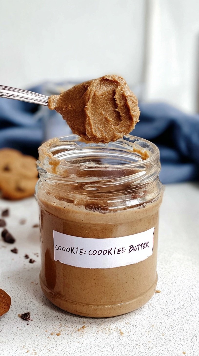 A glass jar of smooth, creamy homemade cookie butter next to apple slices and graham crackers.