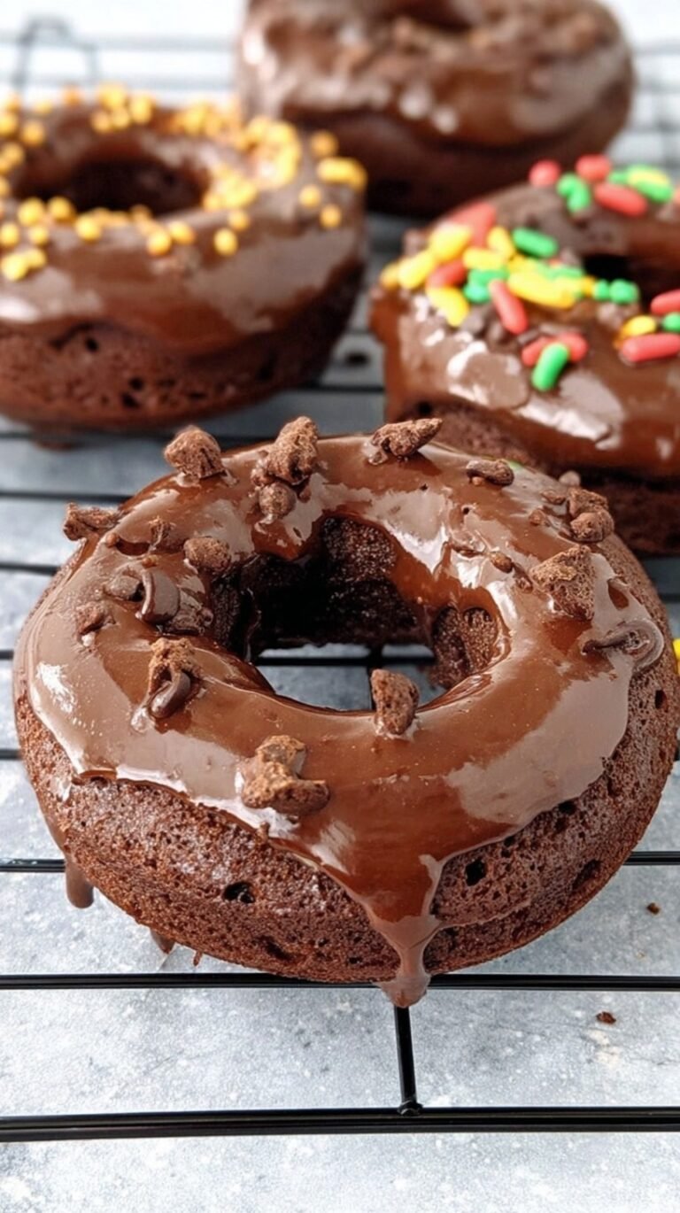 A plate of chocolate glazed donuts made in an air fryer on a wooden table.