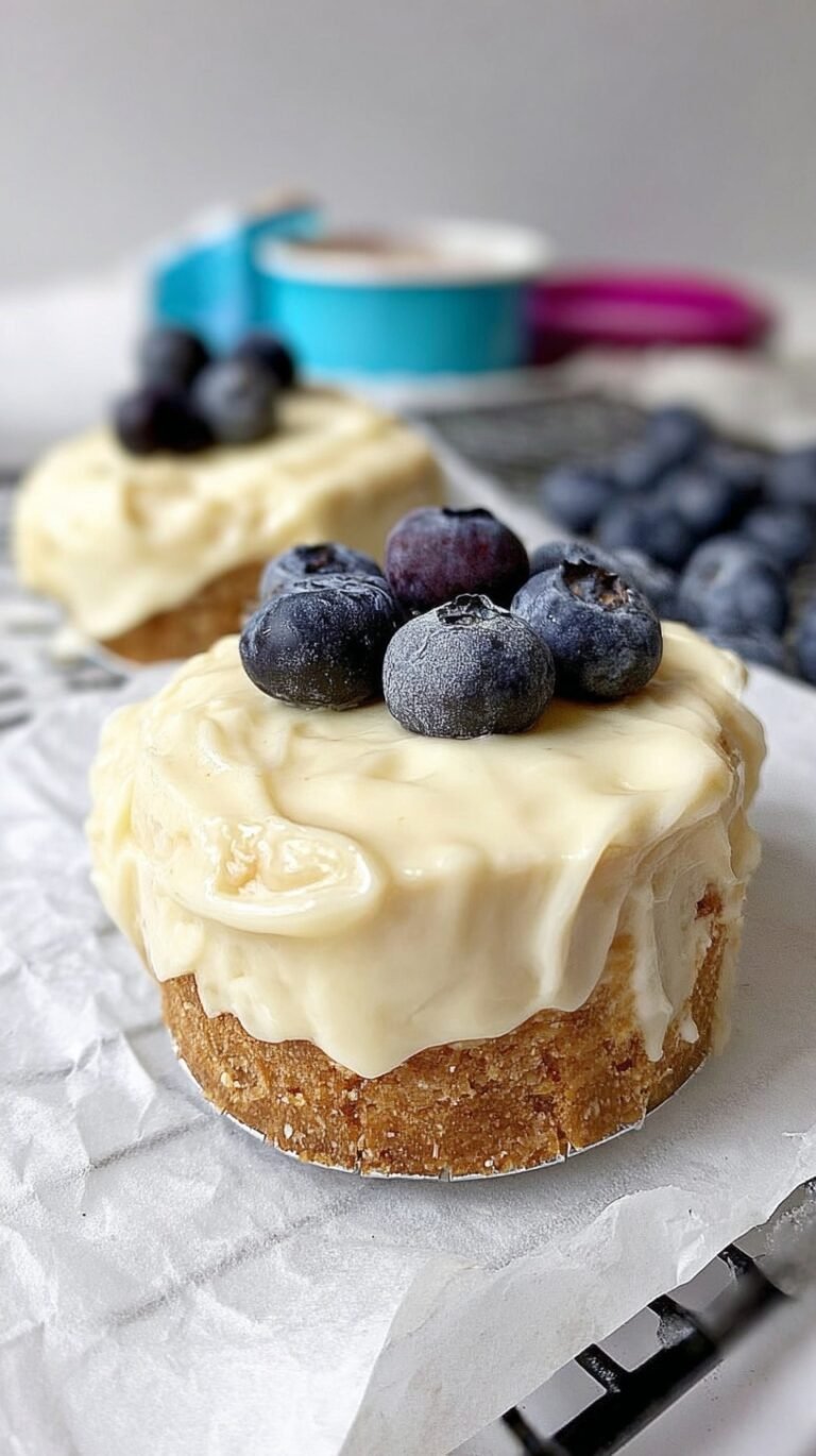 Six mini protein cheesecakes in silicone liners with a dark protein bar crust and creamy vanilla filling.