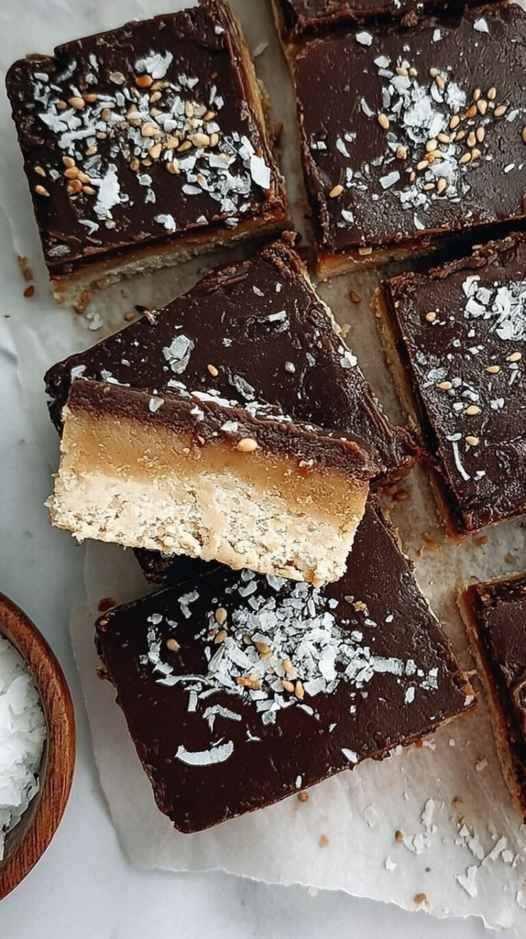 Squares of smooth, creamy keto tahini fudge stacked on parchment paper.