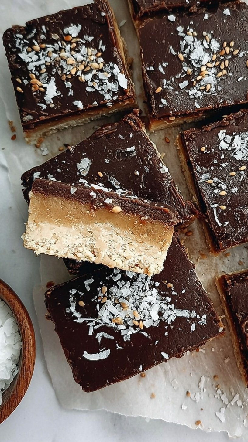 Squares of smooth, creamy keto tahini fudge stacked on parchment paper.
