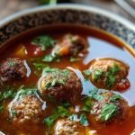 A steaming bowl of classic meatball vegetable soup with carrots and fresh parsley