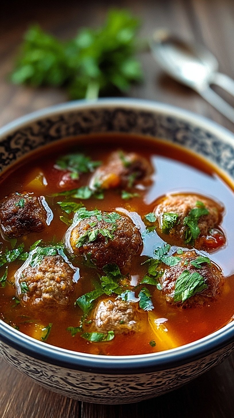 A steaming bowl of classic meatball vegetable soup with carrots and fresh parsley
