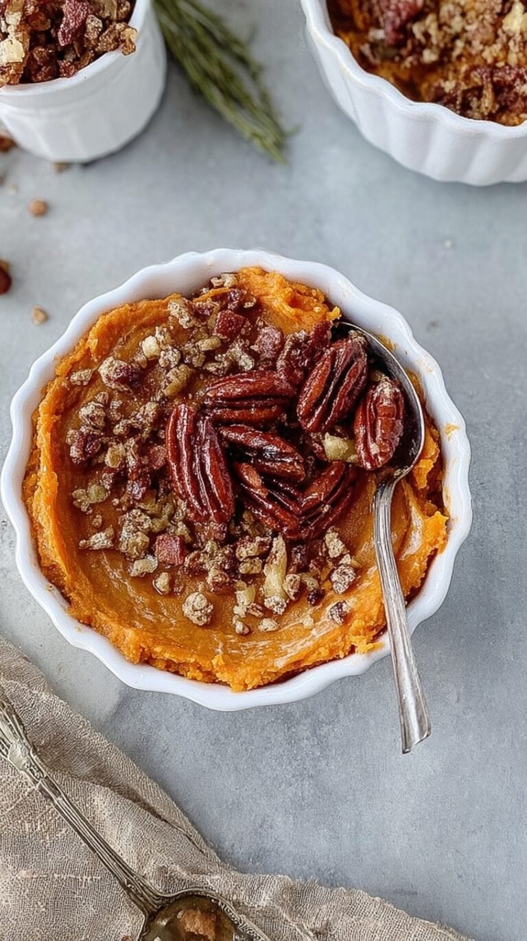 A single-serving ramekin filled with mashed sweet potatoes and a golden bacon pecan streusel topping.
