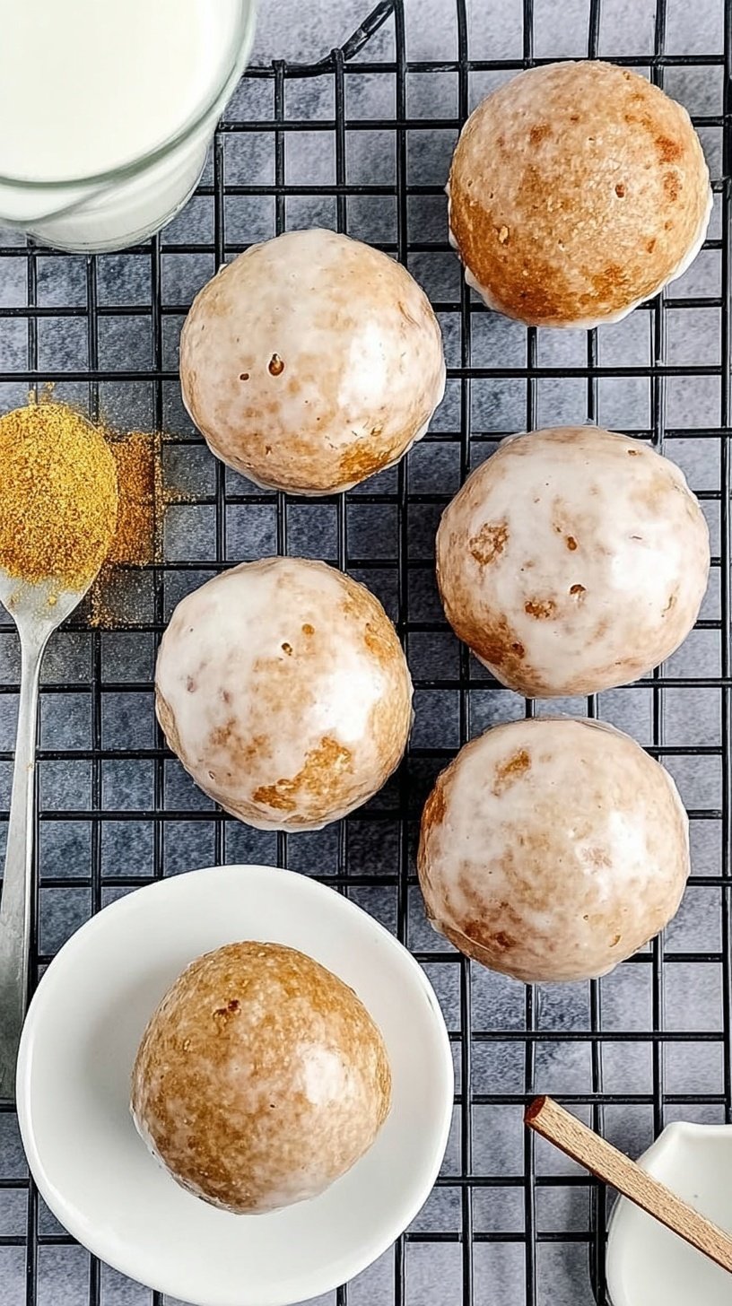 Golden brown cinnamon sugar protein donut holes stacked in a white bowl.