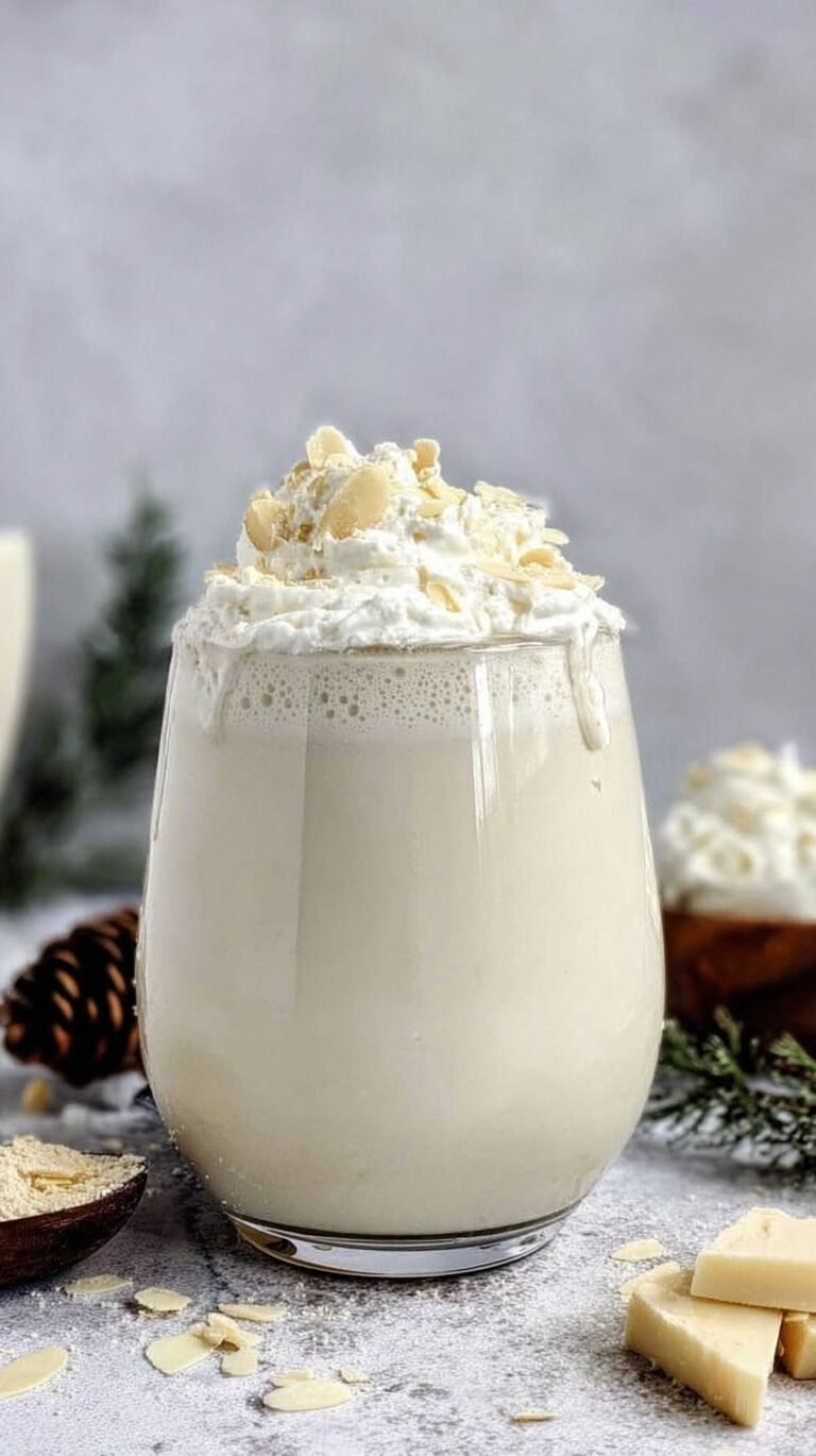 A steaming mug of white protein hot chocolate with a sprinkle of sea salt