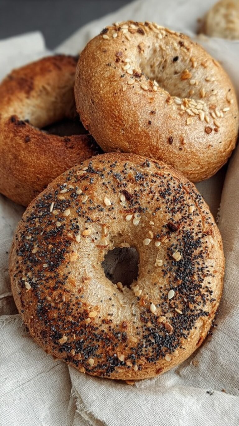 Four golden brown whole wheat bagels cooling on a wire rack in a bright kitchen.