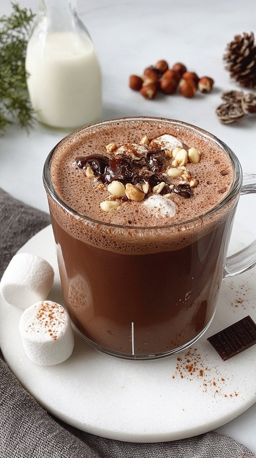 Two mugs of creamy sugar-free hot chocolate topped with whipped cream and cocoa powder