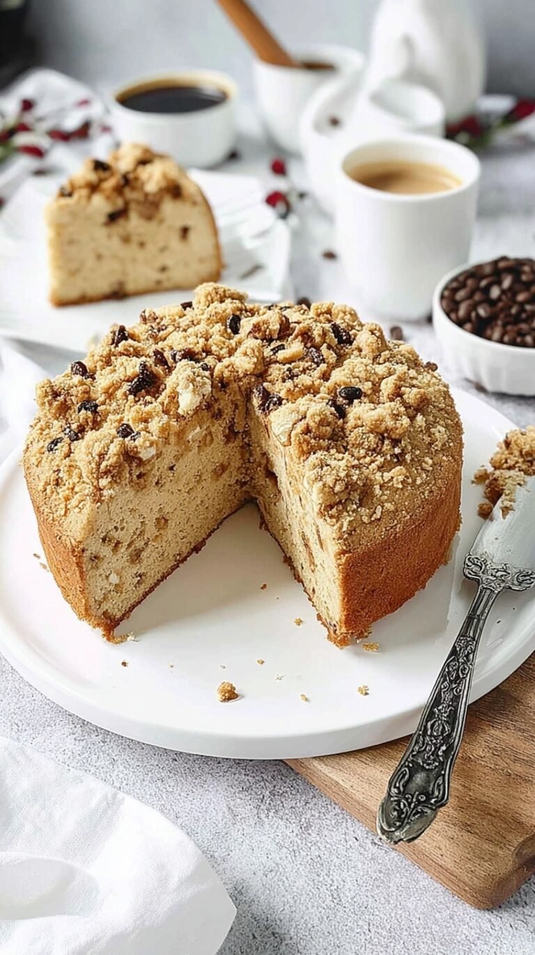 A square vanilla protein cake topped with golden oat streusel on a wooden board