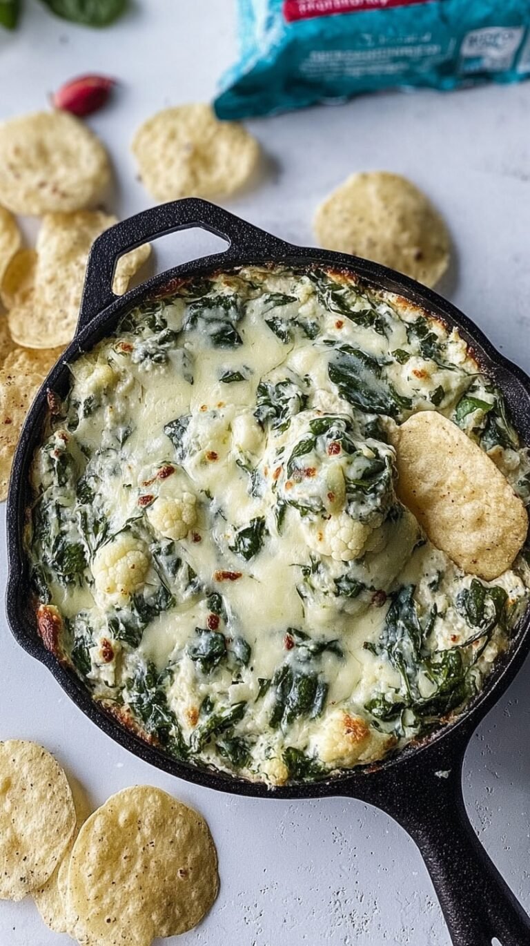 A golden brown baked cauliflower dip in a white ceramic dish with melted cheese on top