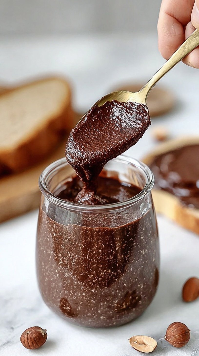 Smooth chocolate hazelnut spread in a glass jar with whole hazelnuts nearby