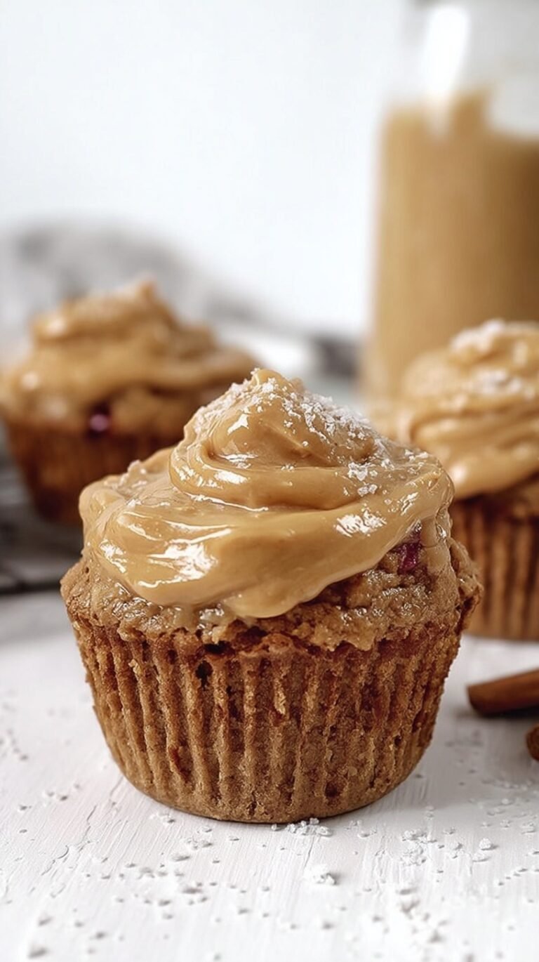 A plate of protein apple cupcakes topped with smooth peanut butter frosting and fresh apple slices.