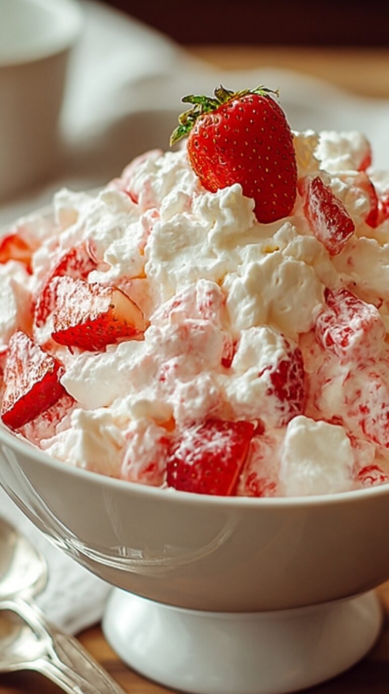 A bowl of creamy pink strawberry fluff salad with cake cubes and marshmallows.