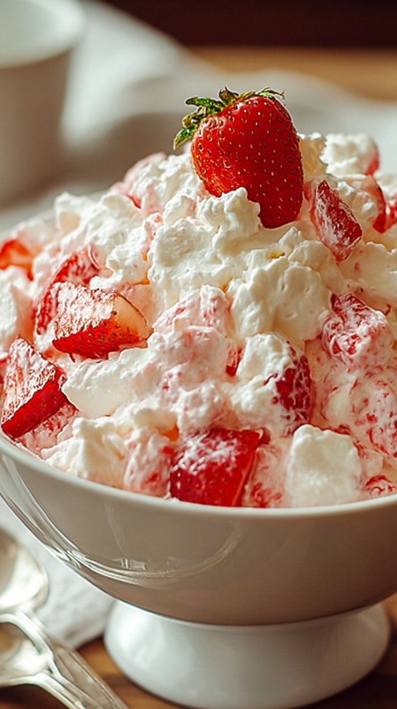 A bowl of creamy pink strawberry fluff salad with cake cubes and marshmallows.