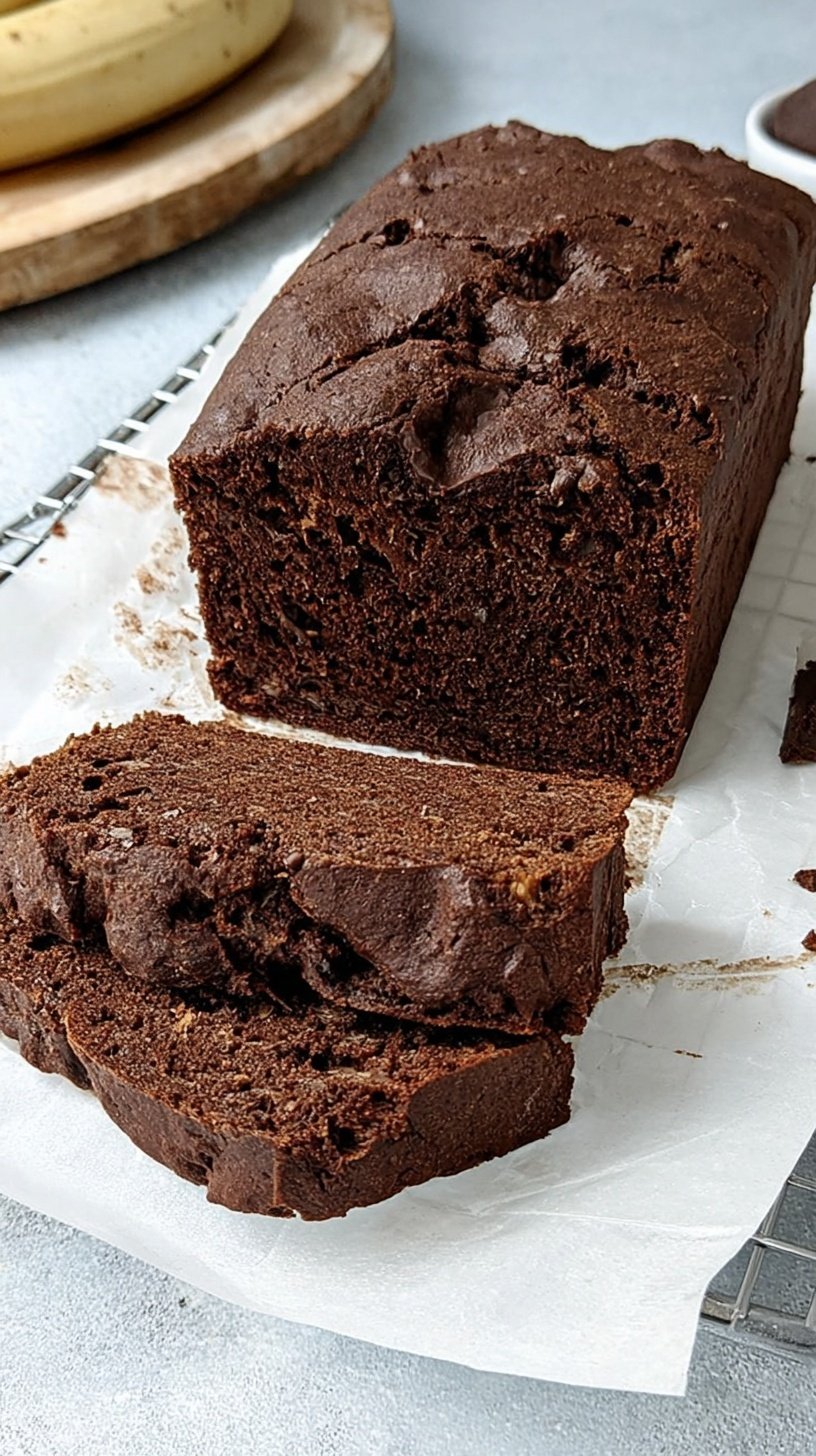 A sliced loaf of dark chocolate protein banana bread on a wire cooling rack