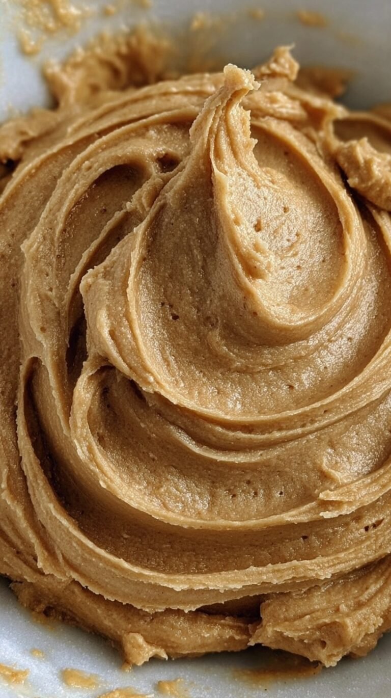 A bowl of thick and creamy peanut butter frosting made with protein powder and greek yogurt.