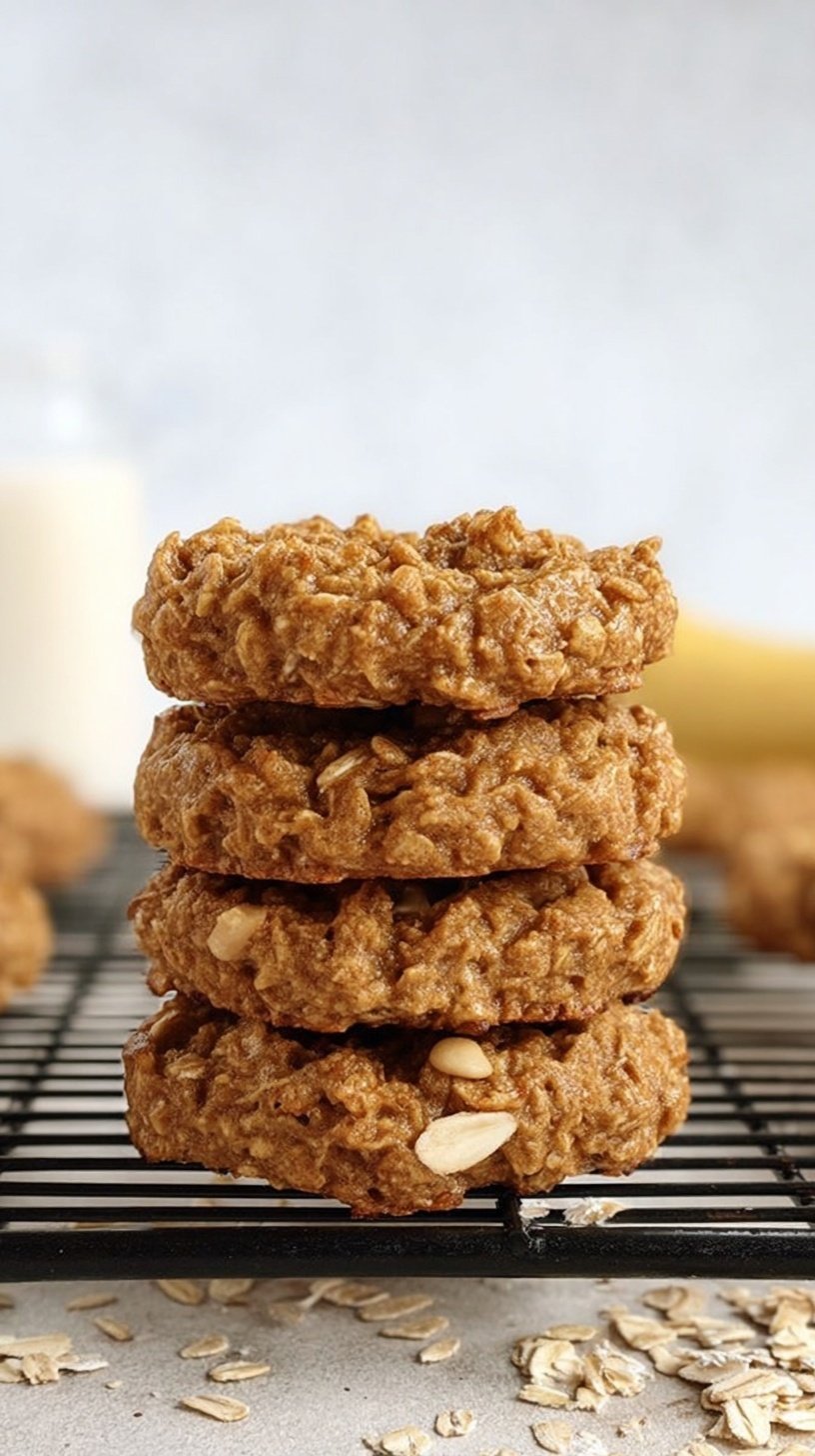 A tray of golden-brown banana cereal cookies with dark chocolate chips on a wire rack.
