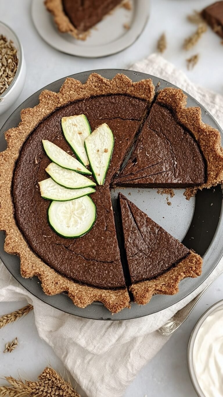 A rich chocolate custard pie in a golden whole wheat crust with shredded zucchini visible in the filling