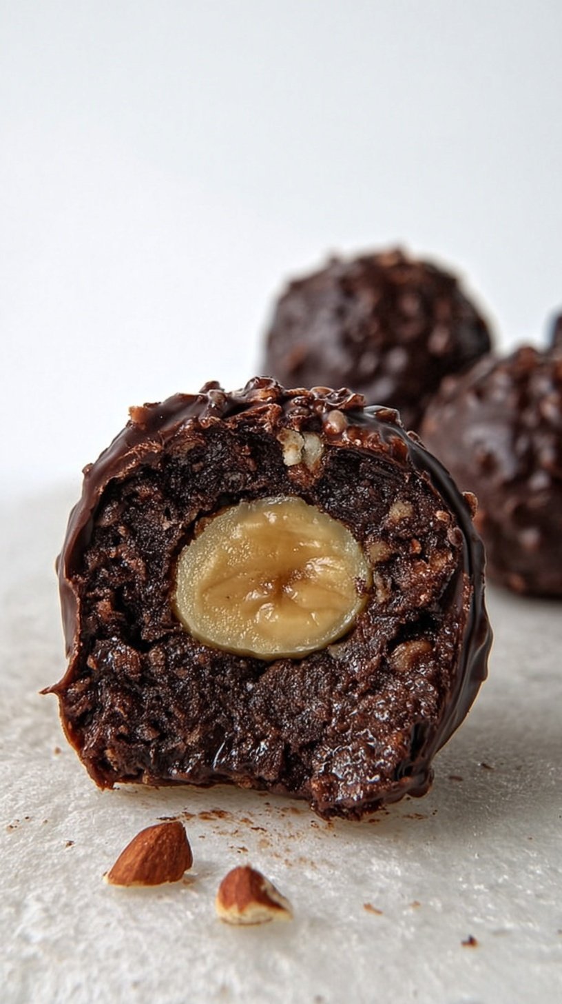 A plate of homemade chocolate hazelnut protein truffles coated in crushed nuts