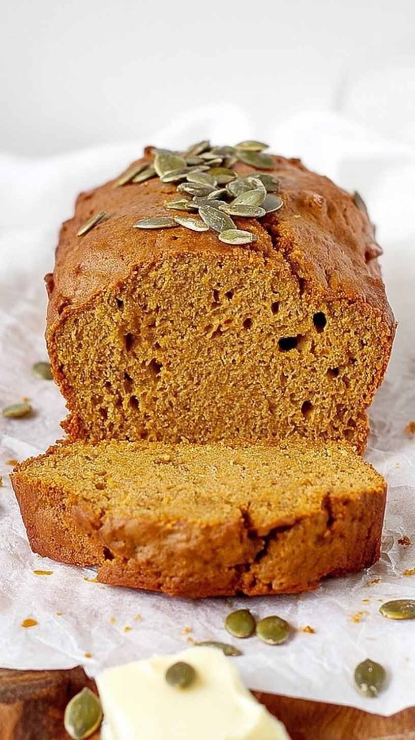 A loaf of sliced healthy pumpkin bread on a wooden board with autumn decorations.