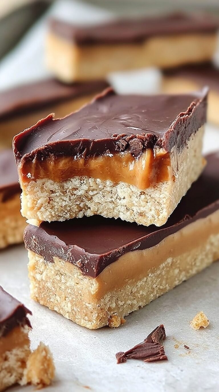 Layered peanut butter protein bars with a chocolate top on a wooden board