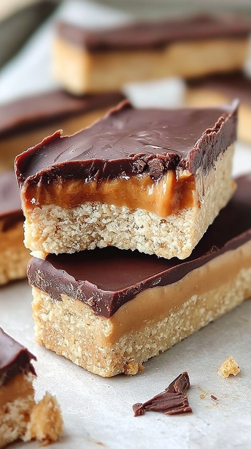 Layered peanut butter protein bars with a chocolate top on a wooden board