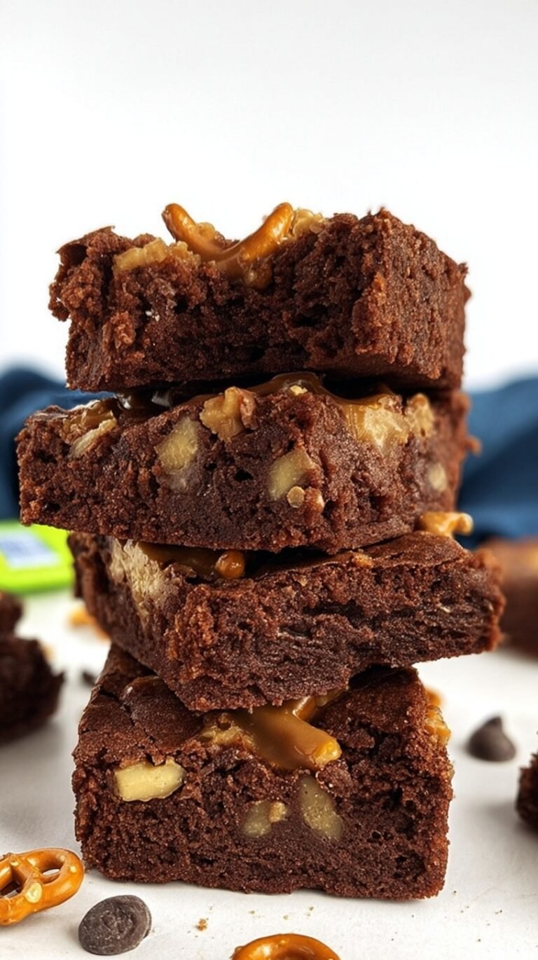 Dense fudgy flourless brownies topped with crushed salted pretzels in a baking pan