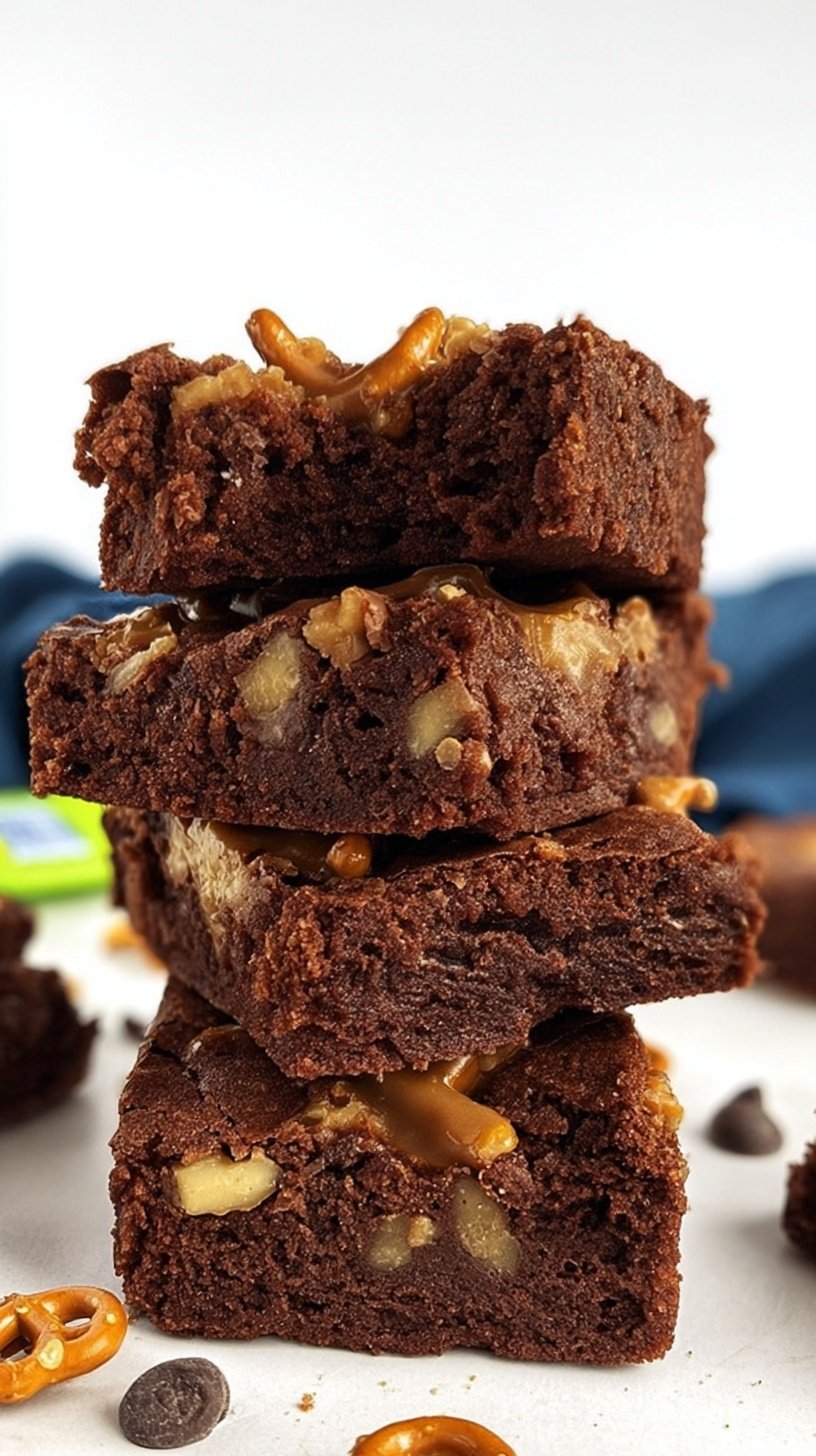 Dense fudgy flourless brownies topped with crushed salted pretzels in a baking pan